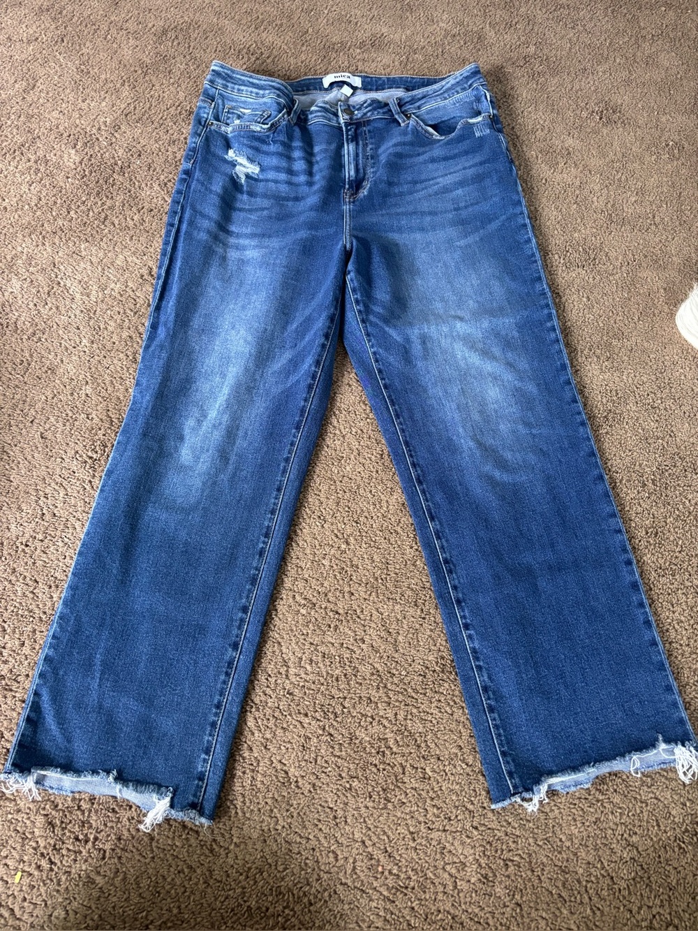 Mica Denim High Rise Cropped Straight Leg Raw Step Hem Distressed Stretch Jeans